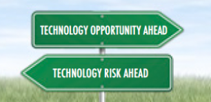 Road signs pointing in different directions. One says technology opportunity ahead and the other says technology risk ahead